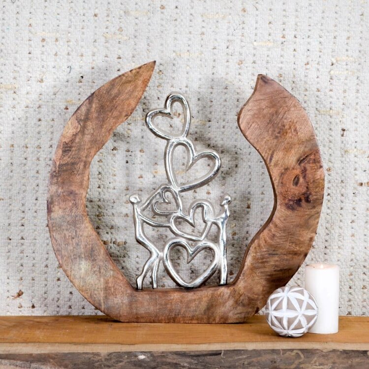 Sculpture Coeurs en bois de manguier et métal