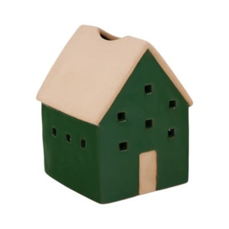 Bougeoir maison beige et vert 4"x5.5"