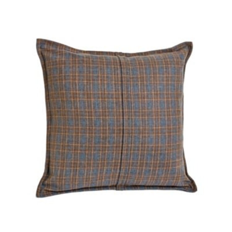 Coussin à carreaux en feutre brun et bleu