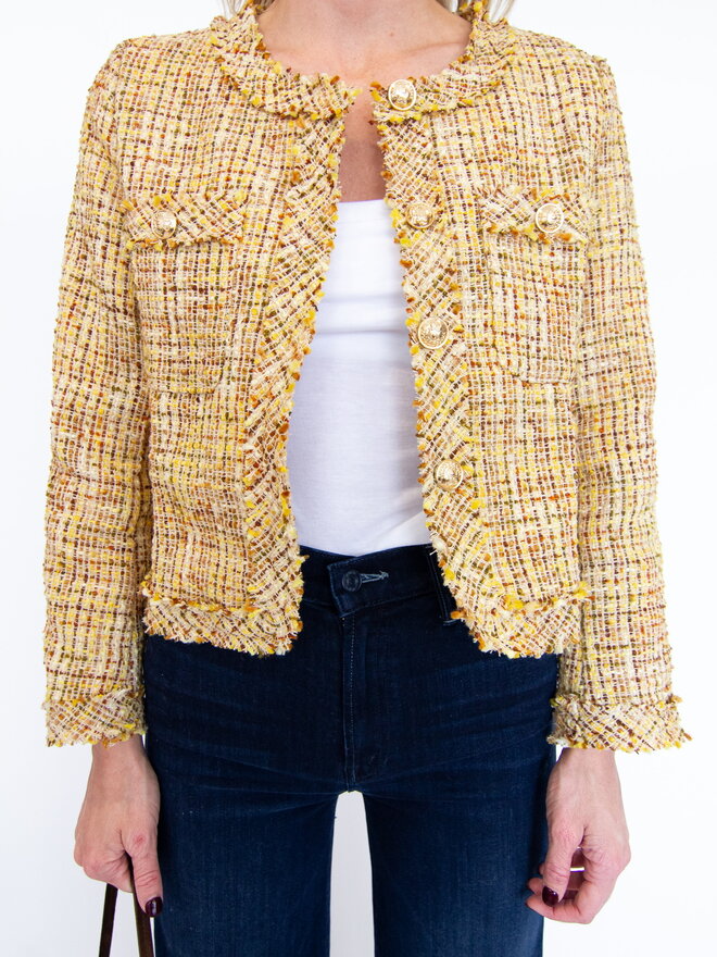 CHANEL Fancy Tweed Hound tooth Jacket & Skirt Yellow 40