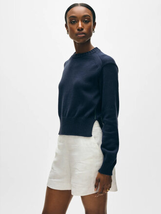 WHITE + WARREN SOFT COTTON RIB TRIM SWEATSHIRT