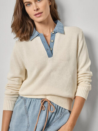 LILLA P DENIM COLLAR POLO SWEATER OFF WHITE