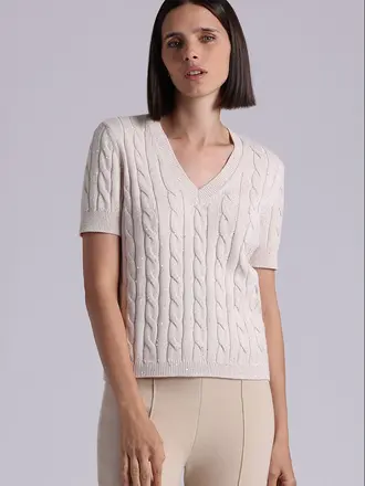 minnie rose Sparkle Cotton Blend Cable Short Sleeve V