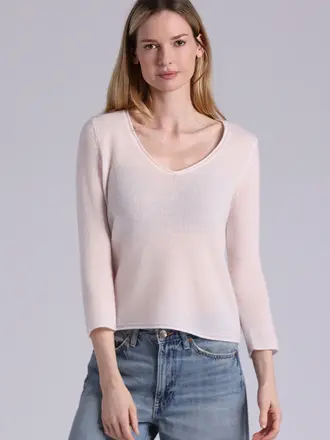 minnie rose Sheer Luxury Cashmere V Neck With Rolled Trims