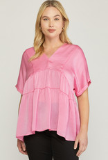 Satin V-Neck Tiered Top- Baby Pink