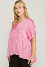 Satin V-Neck Tiered Top- Baby Pink