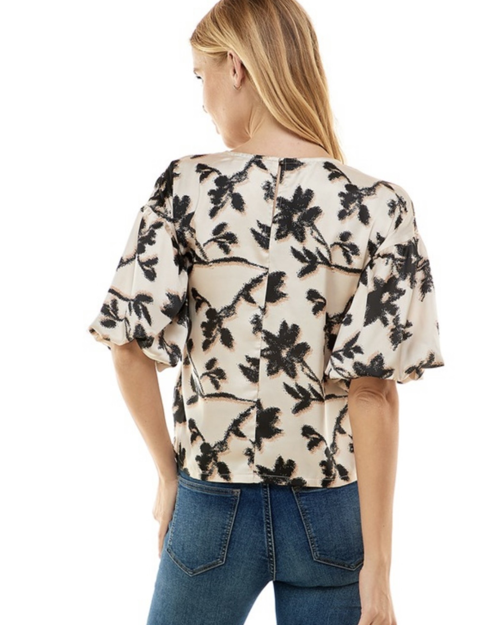 Cream and Black Floral Print Blouse