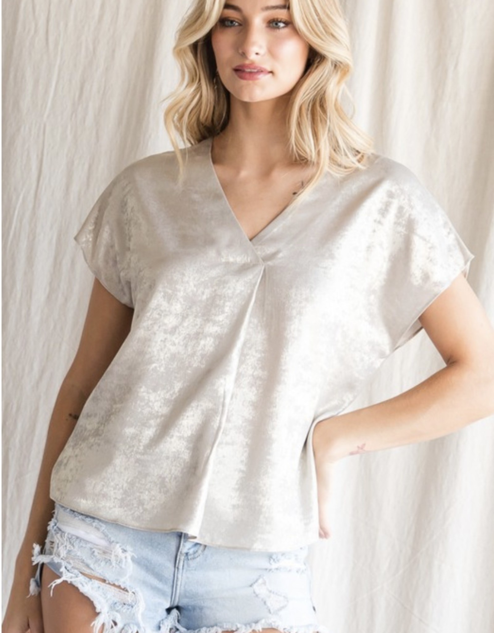 Silver Metallic Short Sleeve Top