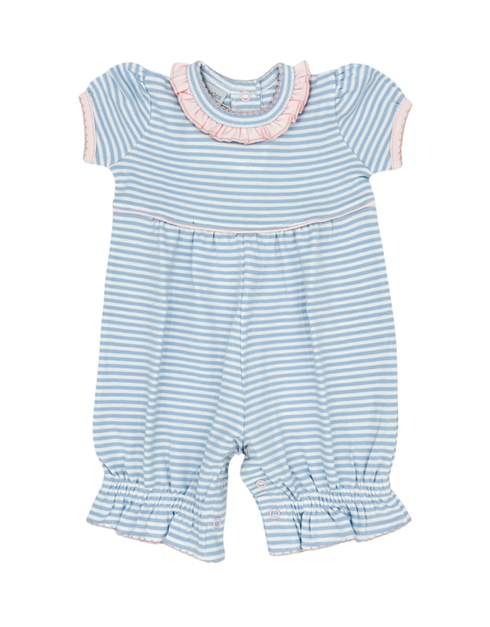 Squiggles Coverall w/ Ruffle Neck- Lt. Blue Stripe/ Pink Trim