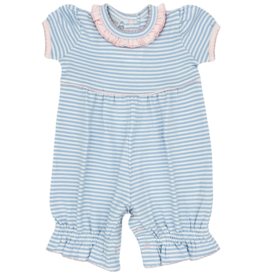 Squiggles Coverall w/ Ruffle Neck- Lt. Blue Stripe/ Pink Trim