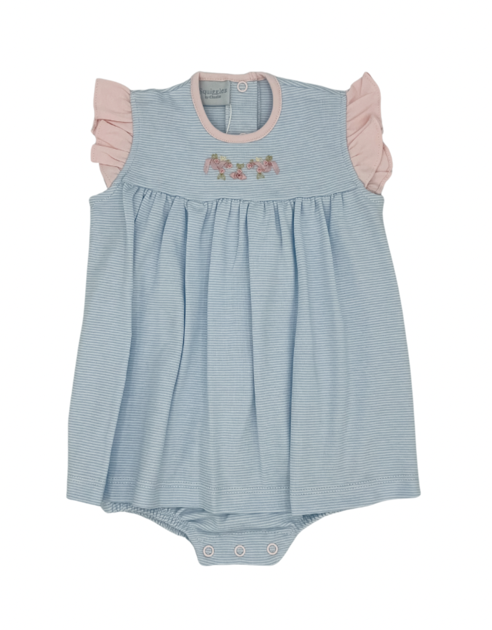 Squiggles Blue Stripe Bow & Roses Apron Romper