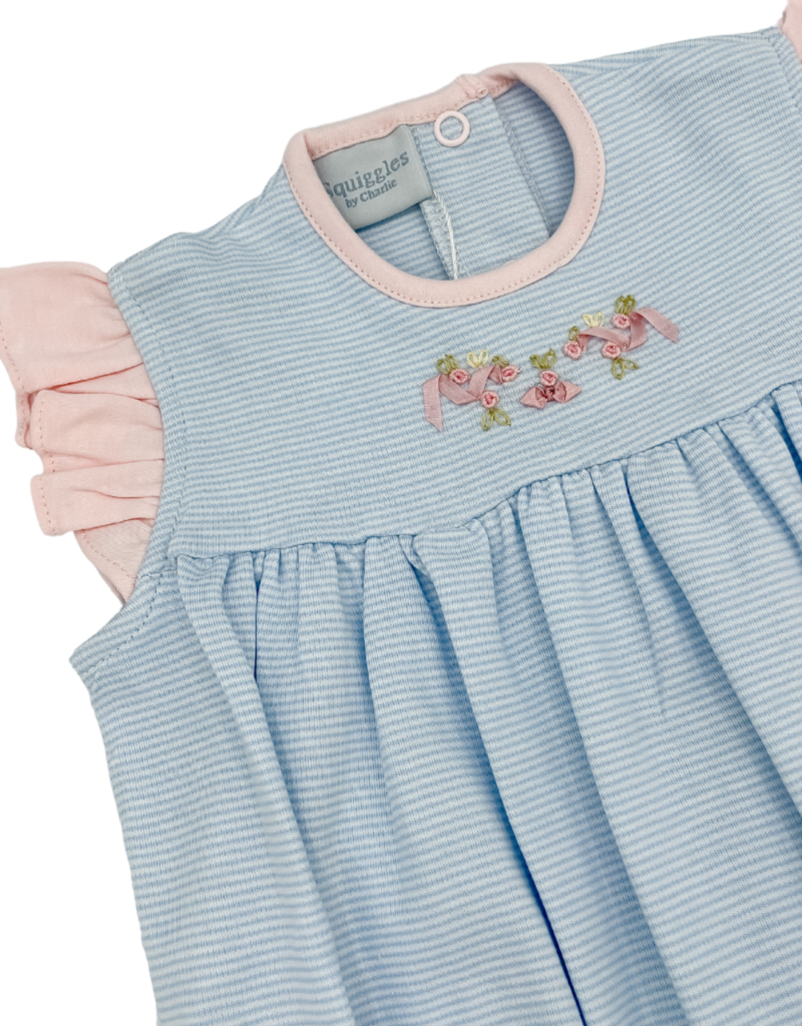 Squiggles Blue Stripe Bow & Roses Apron Romper