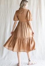 Shiny Smocked Puff Sleeve Dress- Bronze