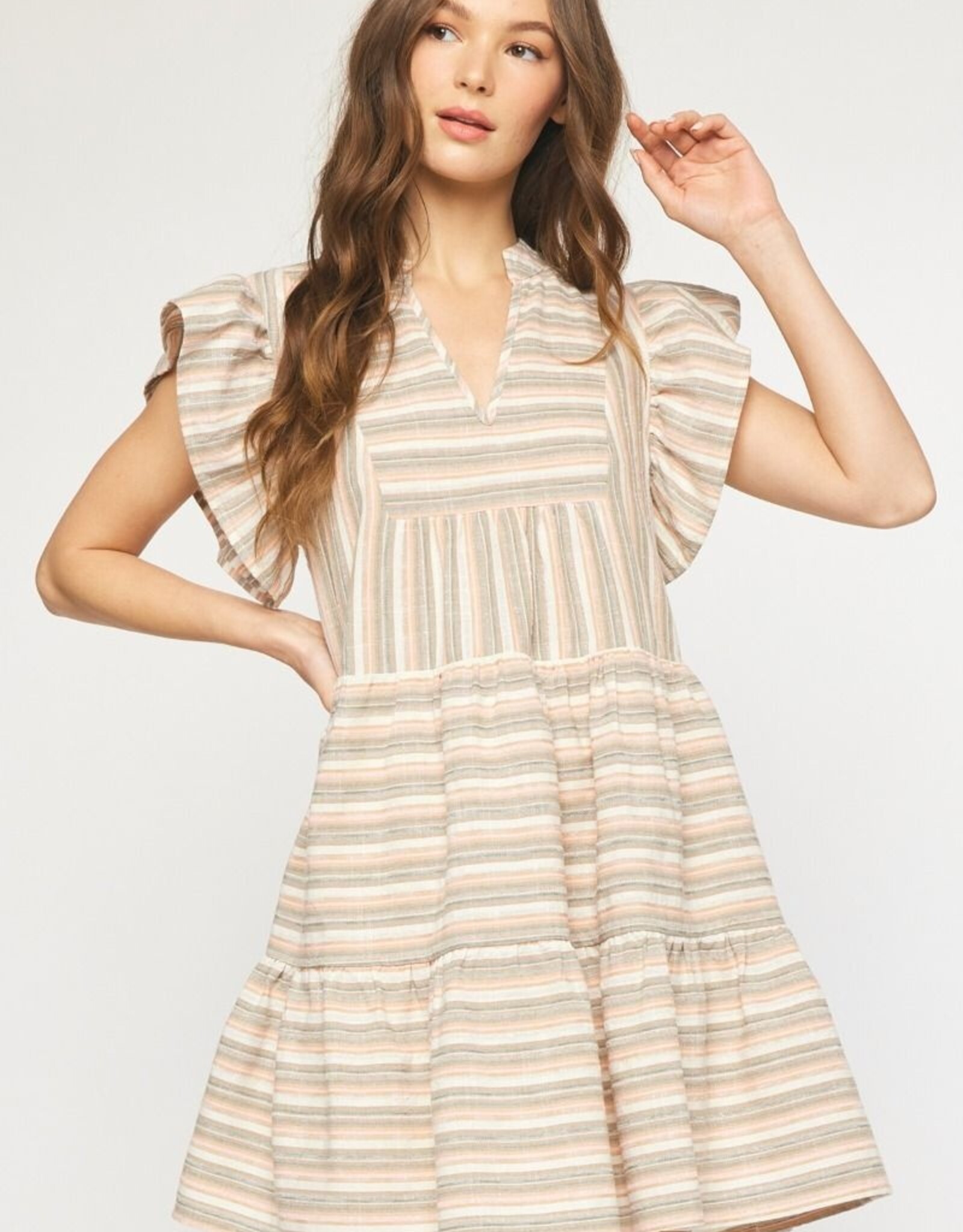 Sage/Tan Striped Tiered Dress
