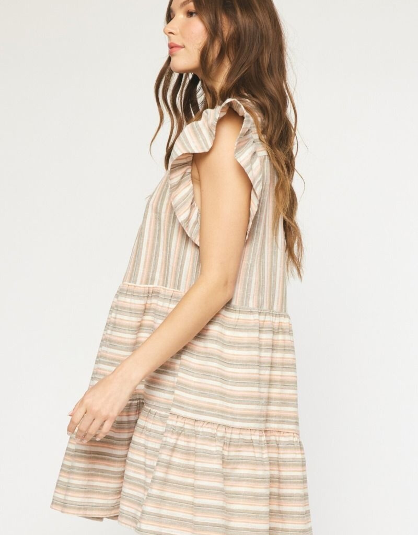 Sage/Tan Striped Tiered Dress