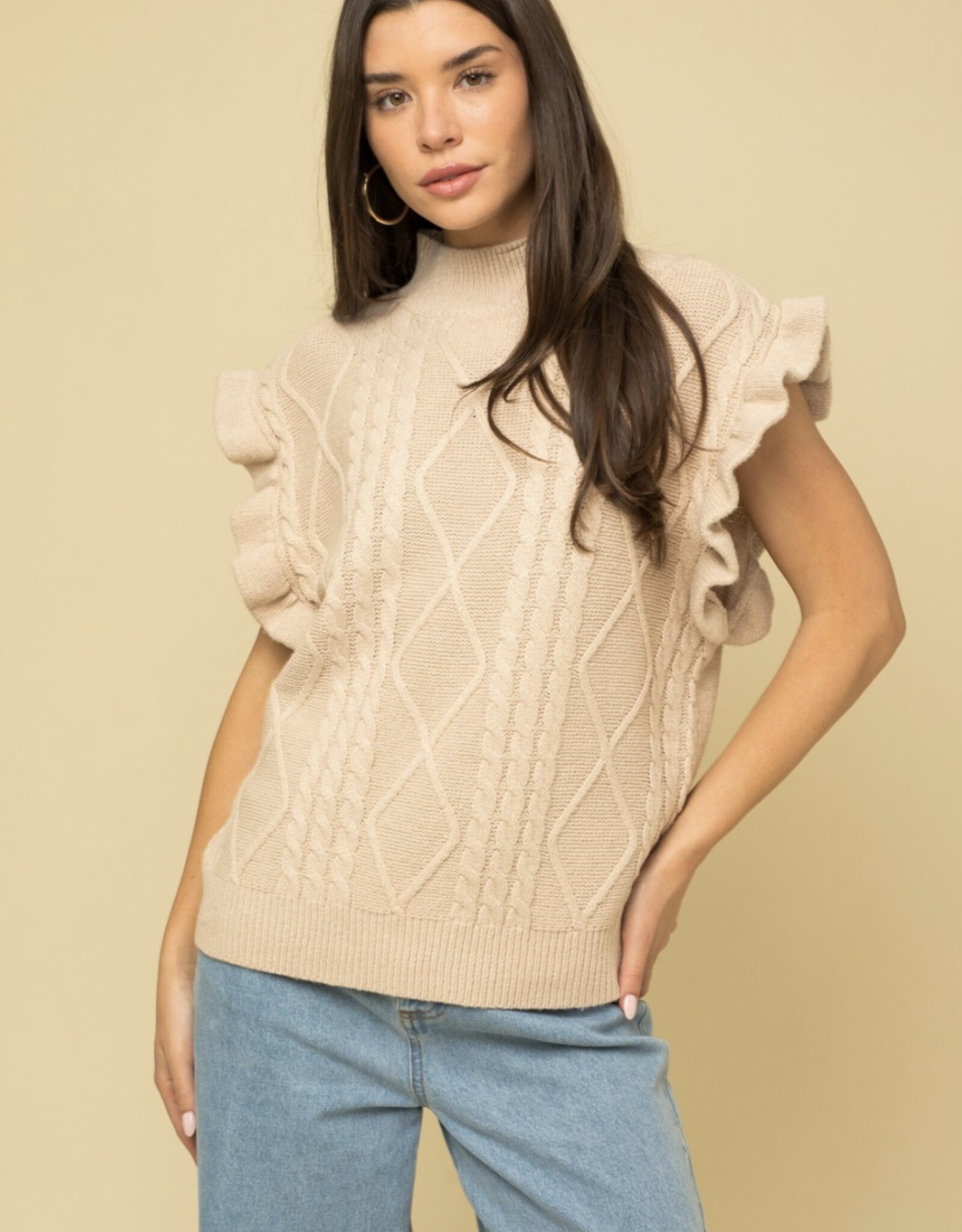 Cable Knit Ruffle Sweater Vest