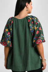 Linen Blend Top w/ Embroidered Sleeves