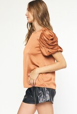 Bronze Satin Ruched Sleeve Top