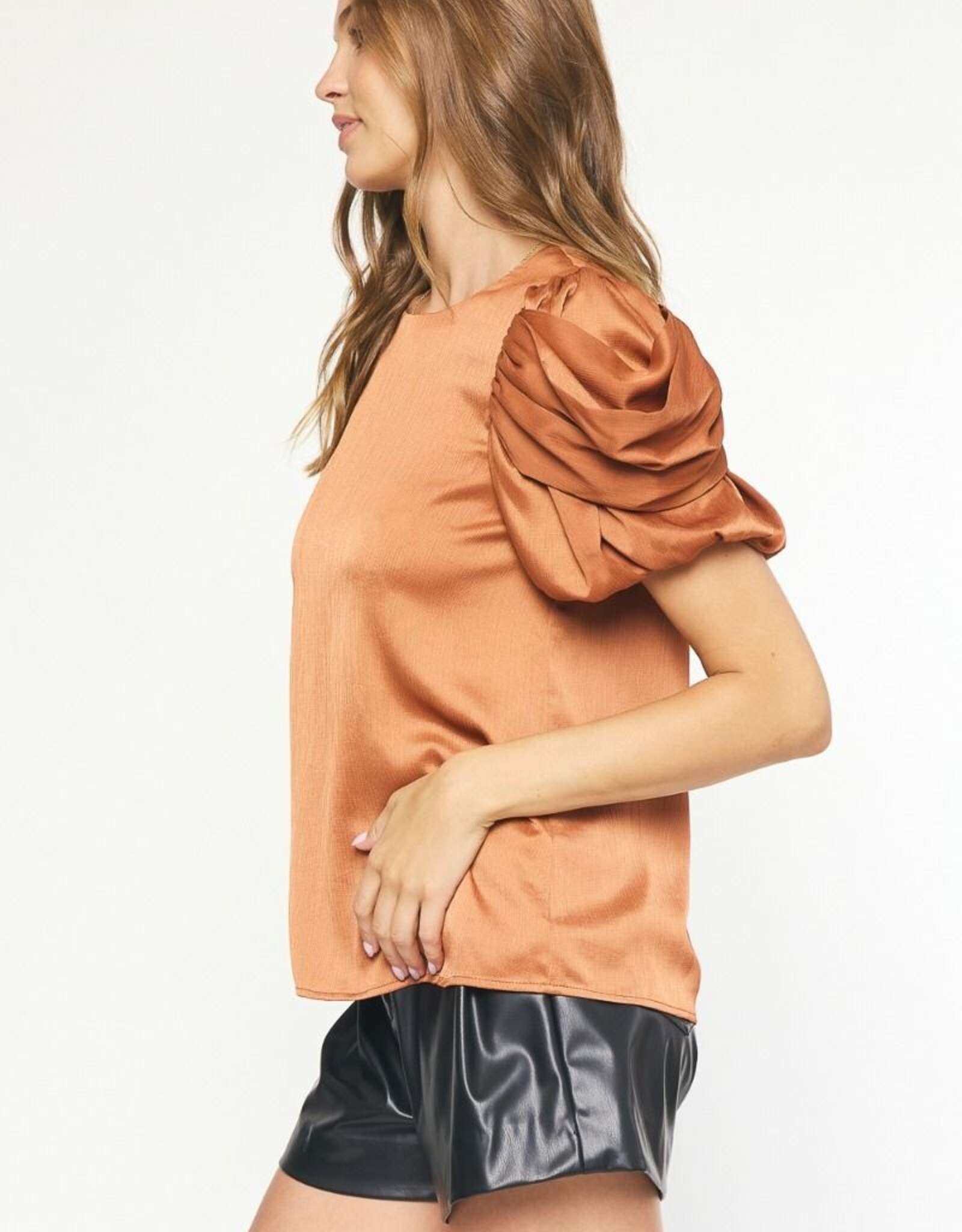 Bronze Satin Ruched Sleeve Top