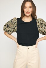 Short Sleeve Top w/ Jacquard Sleeves- Black