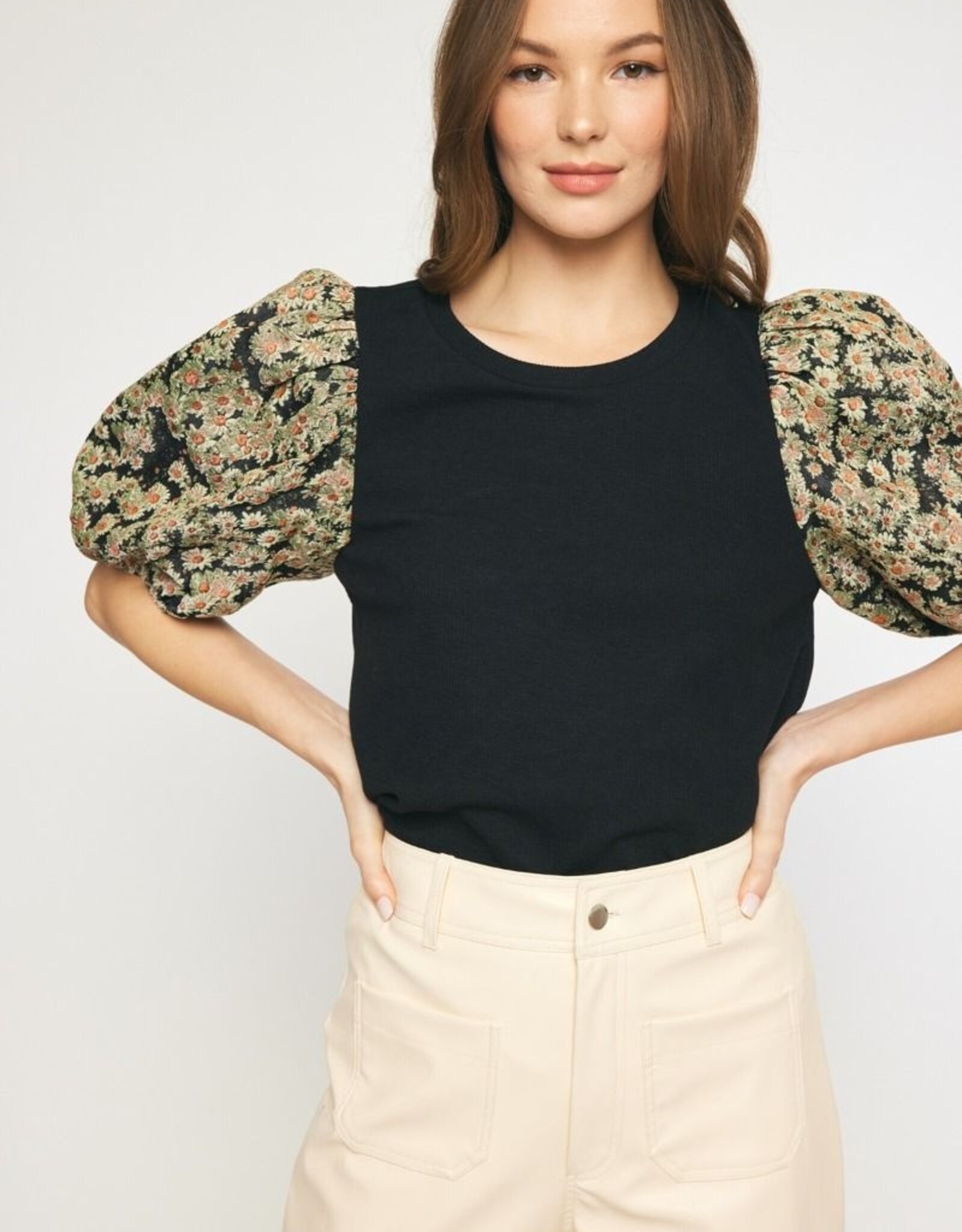 Short Sleeve Top w/ Jacquard Sleeves- Black