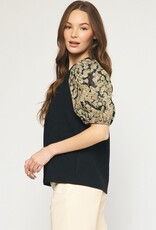 Short Sleeve Top w/ Jacquard Sleeves- Black