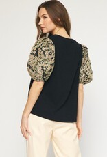 Short Sleeve Top w/ Jacquard Sleeves- Black