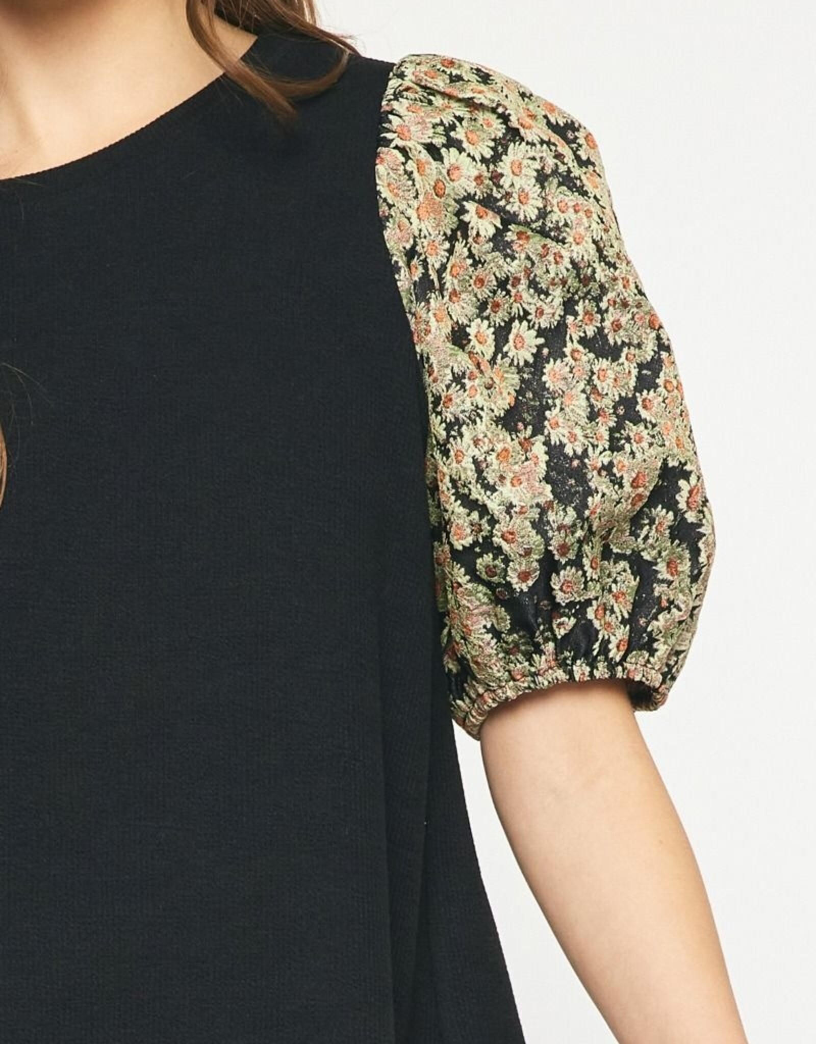 Short Sleeve Top w/ Jacquard Sleeves- Black