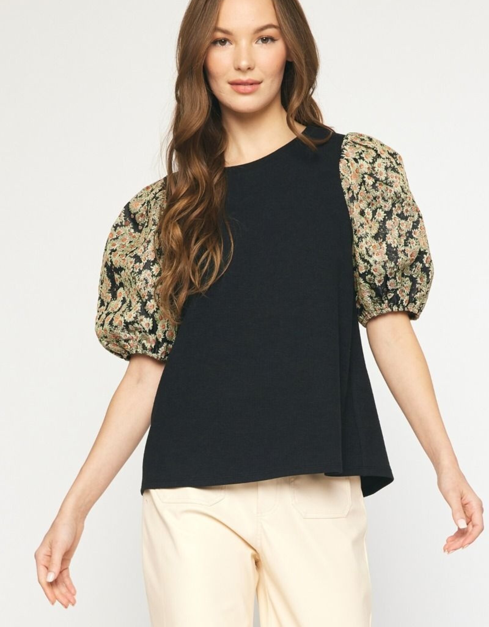 Short Sleeve Top w/ Jacquard Sleeves- Black