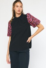 Solid Top w/ Embroidered Puff Sleeves