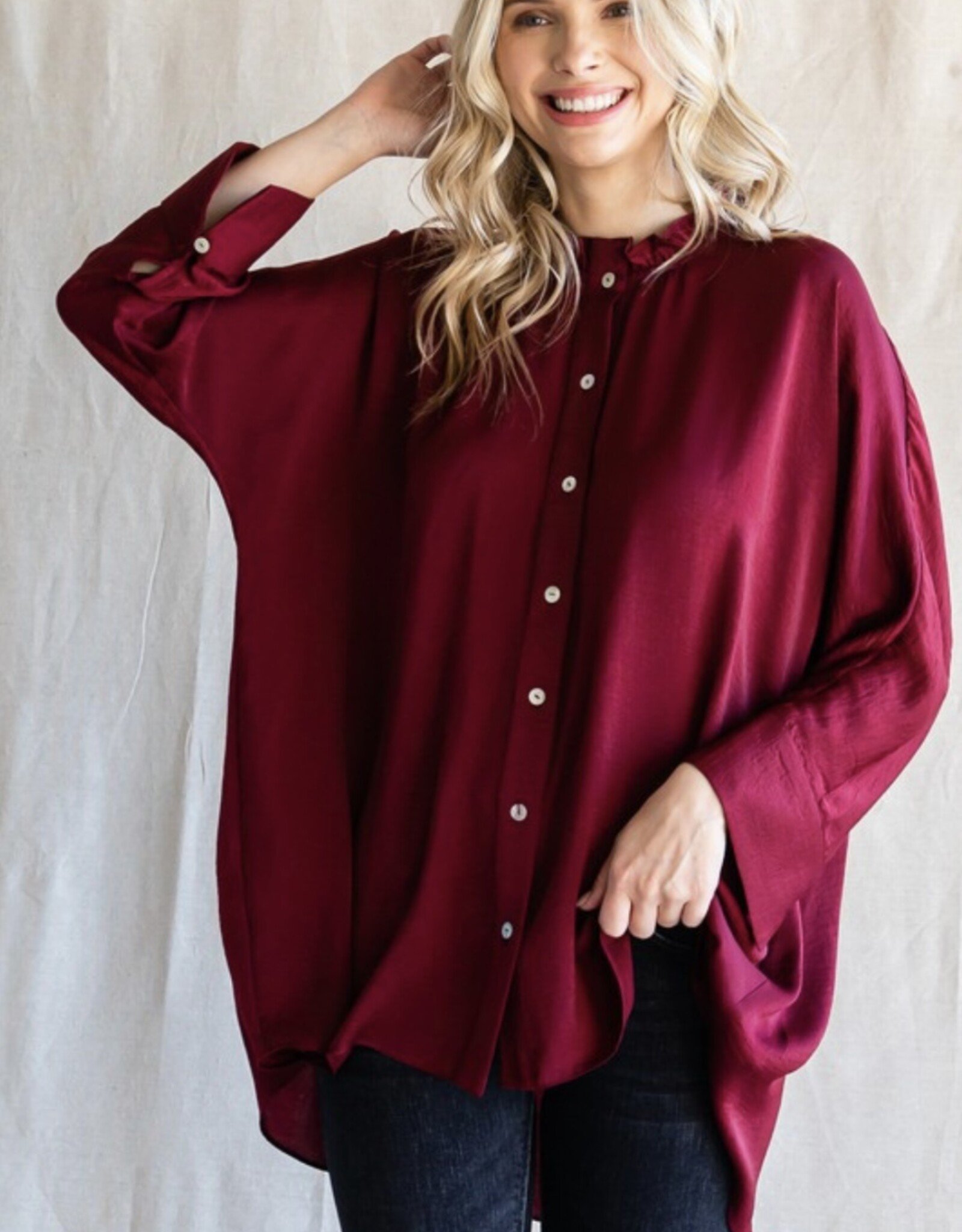 Burgundy Satin Button Down Top