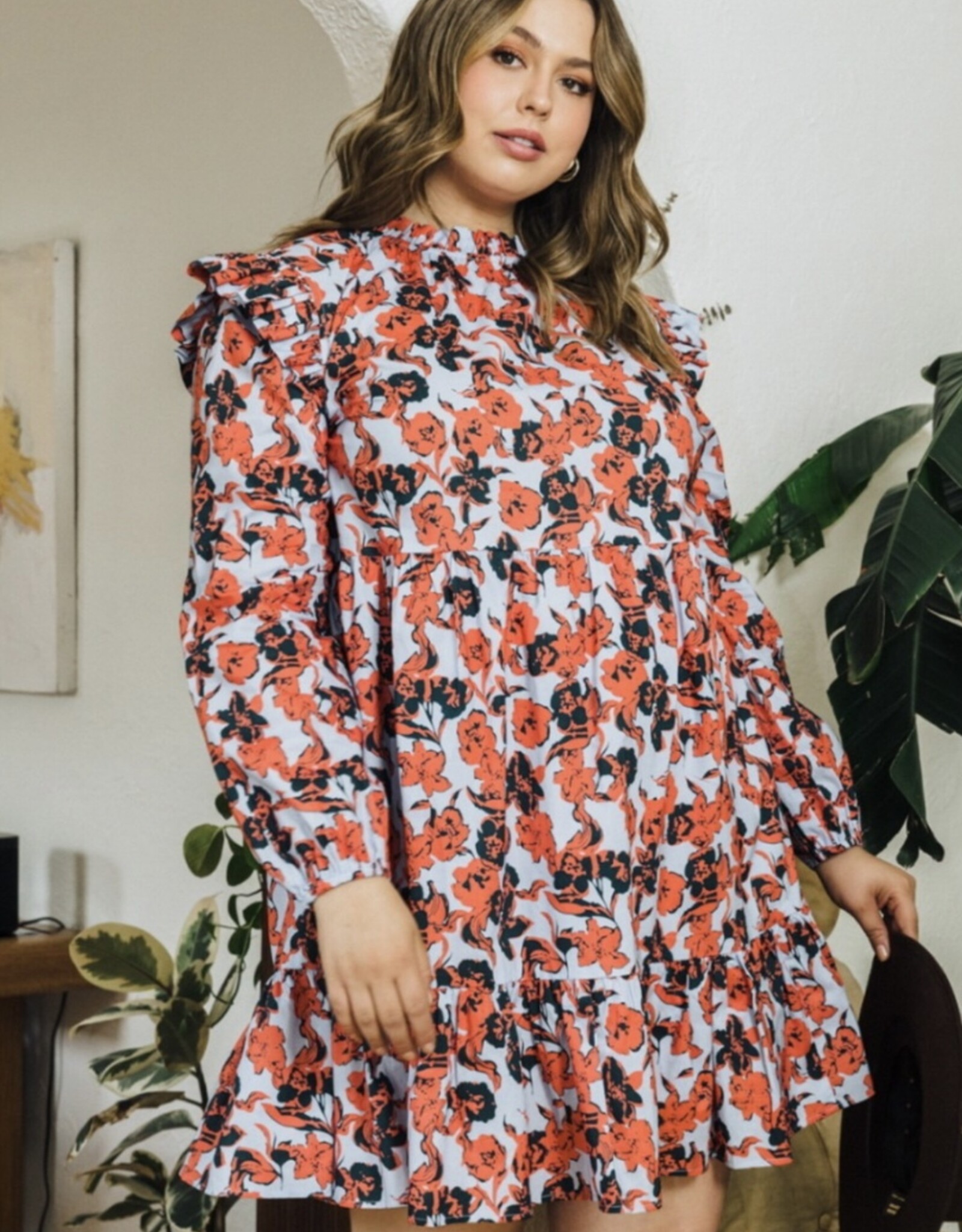 Dusty Blue Orange Floral Dress