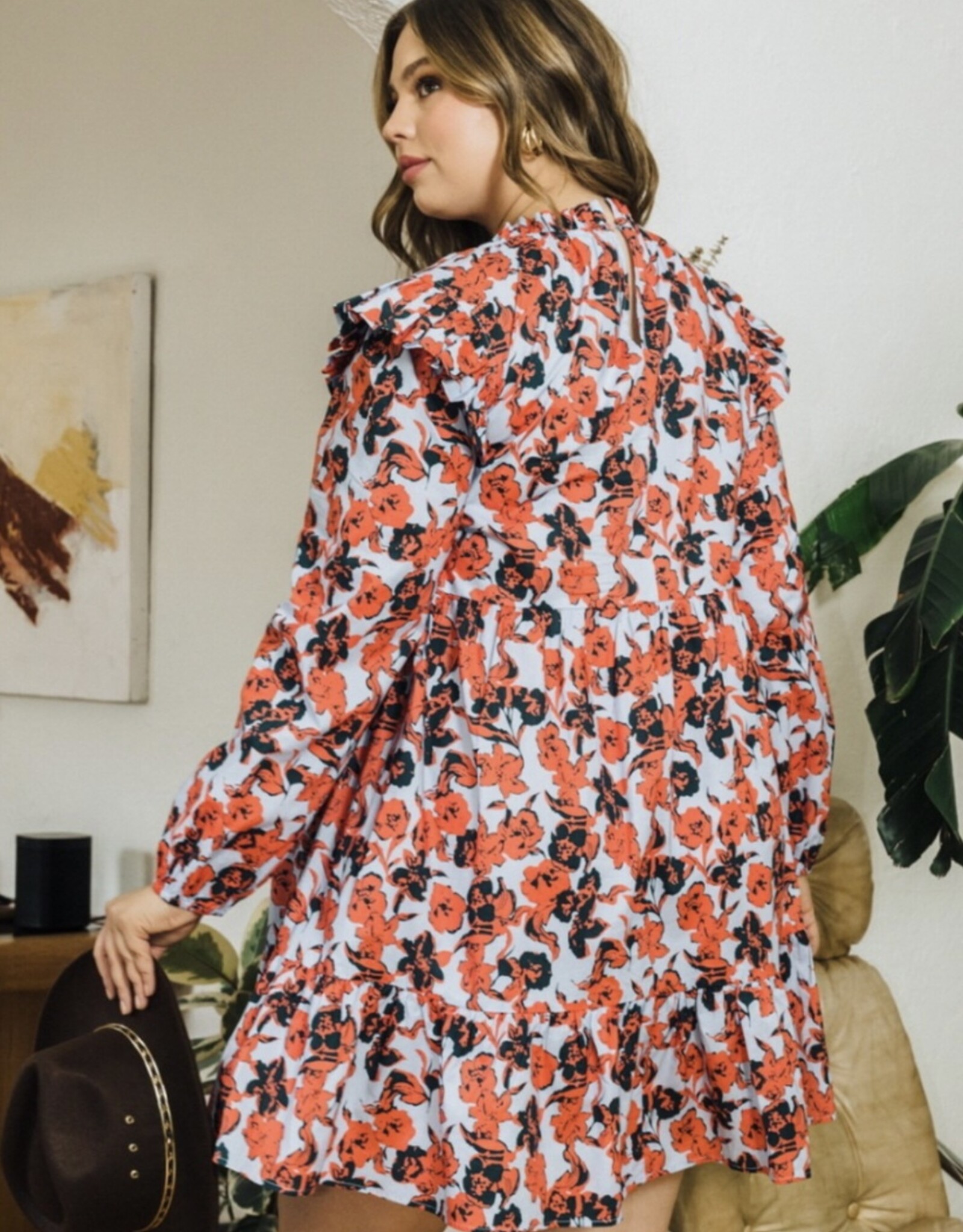 Dusty Blue Orange Floral Dress