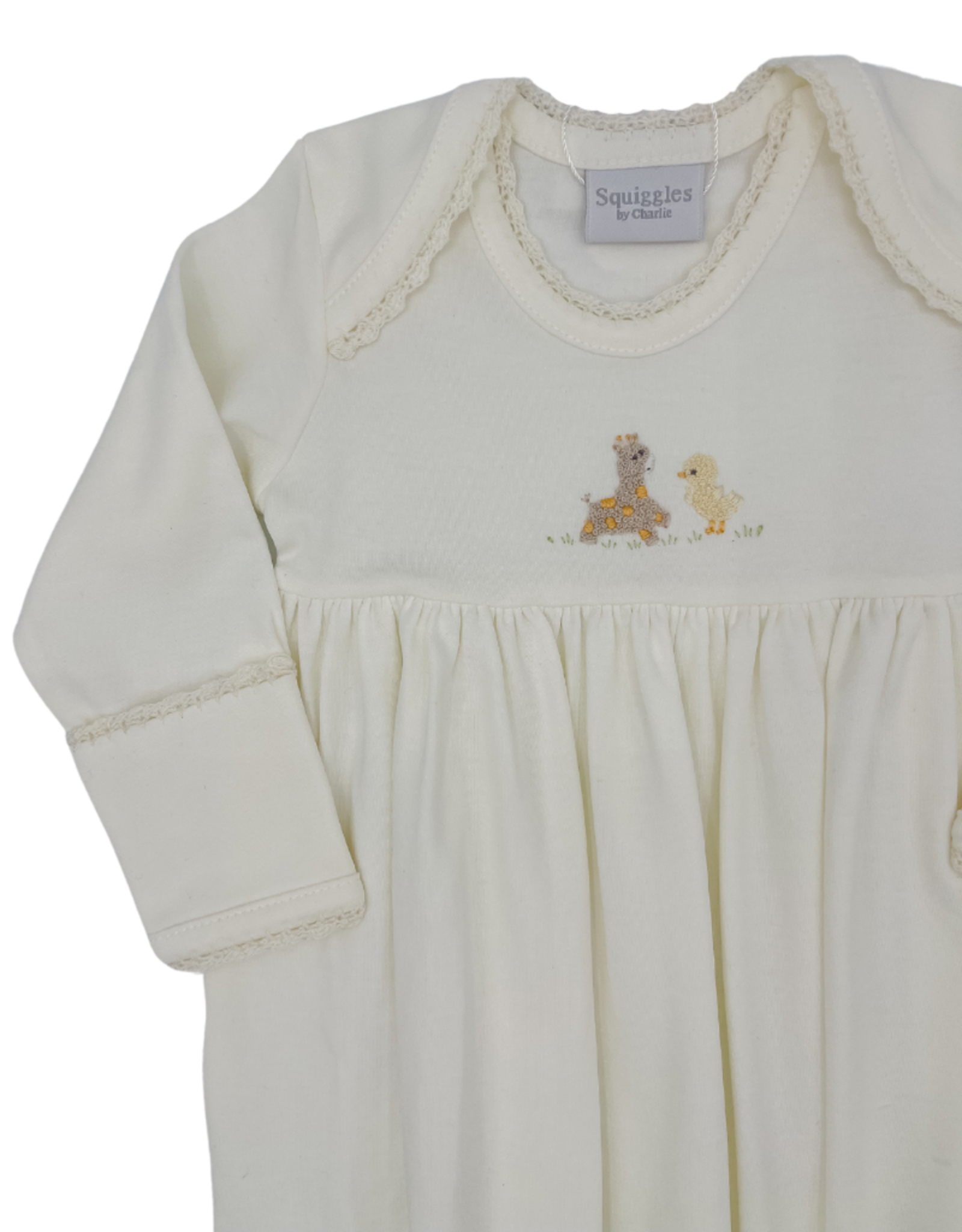 Squiggles Giraffe & Duck Lap Shoulder Gown- Ivory