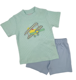 Squiggles Bi-Plane Shirt & Blue Short- Mint Stripe