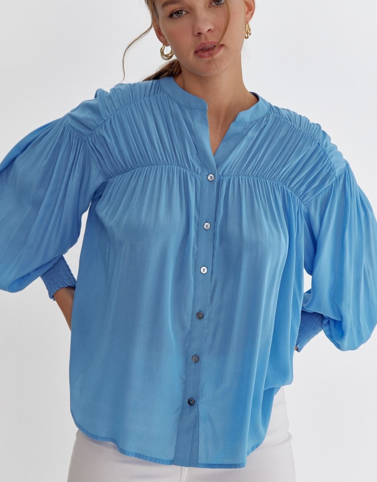 Solid Button Top w/ Pleated Detail