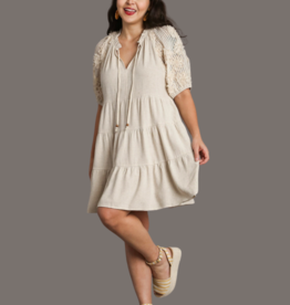 Linen Dress w/ Contrast Flower Sleeve