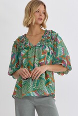 Green Printed Top w/ Bubble Sleeve