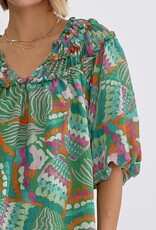 Green Printed Top w/ Bubble Sleeve