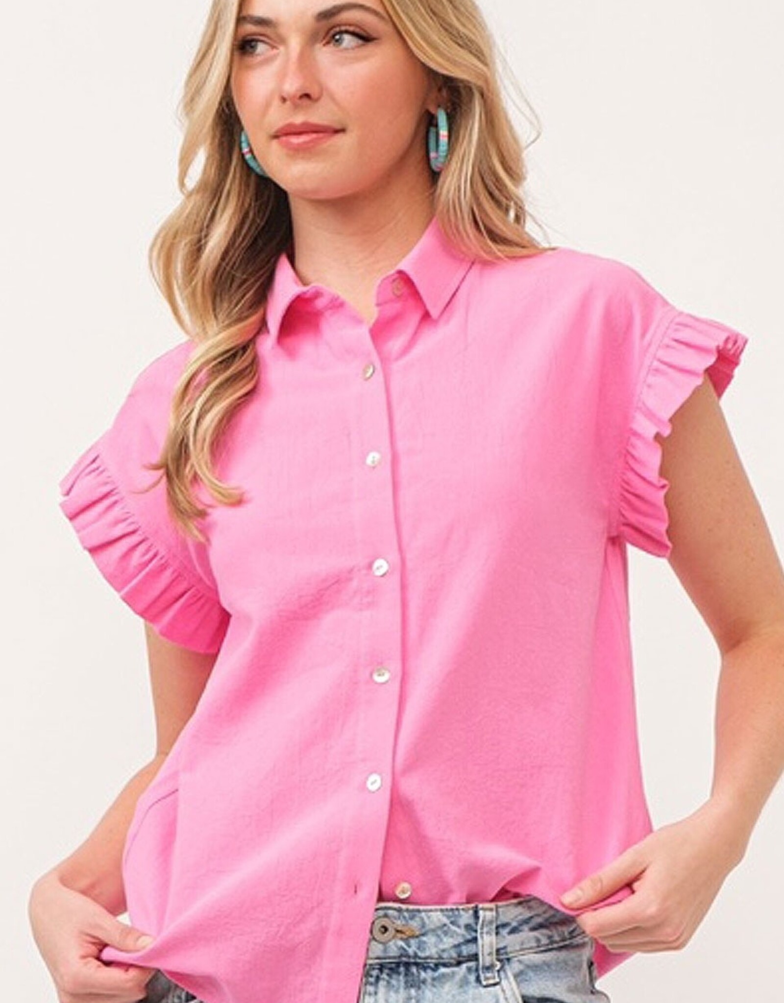 Lime n Chili Pink Button Down Ruffle Sleeve Shirt