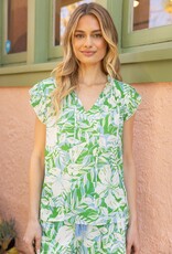 VOY Green Pleated V-Neck Top