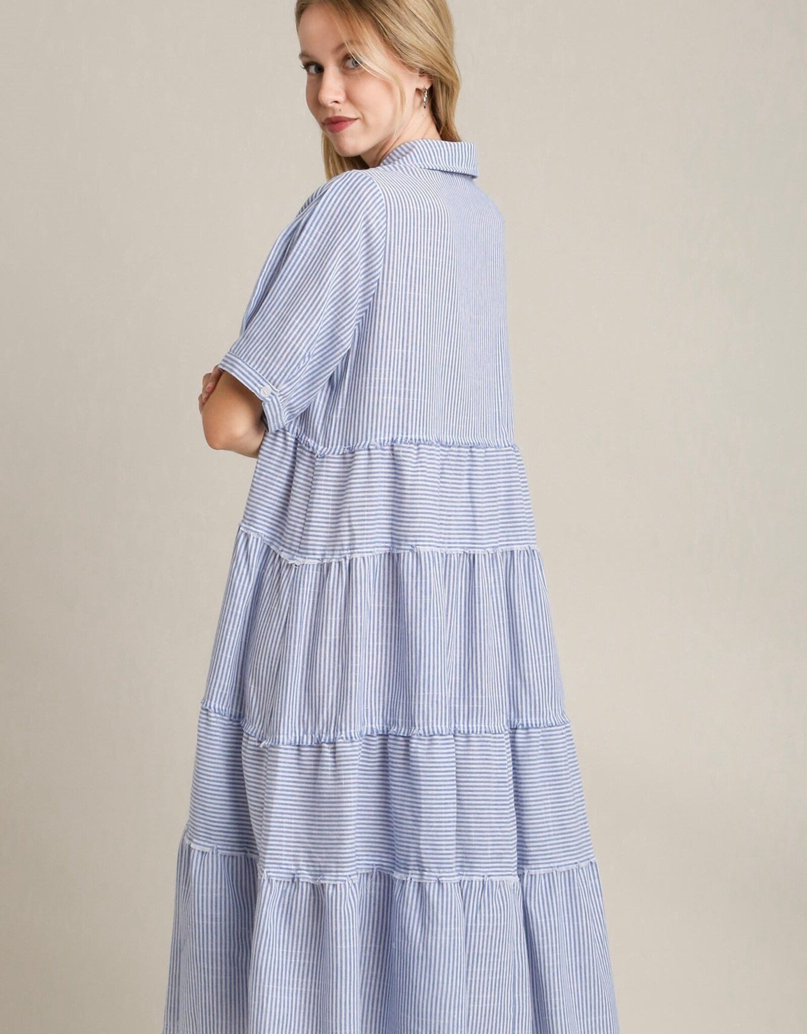 Blue Collared Striped Midi Dress