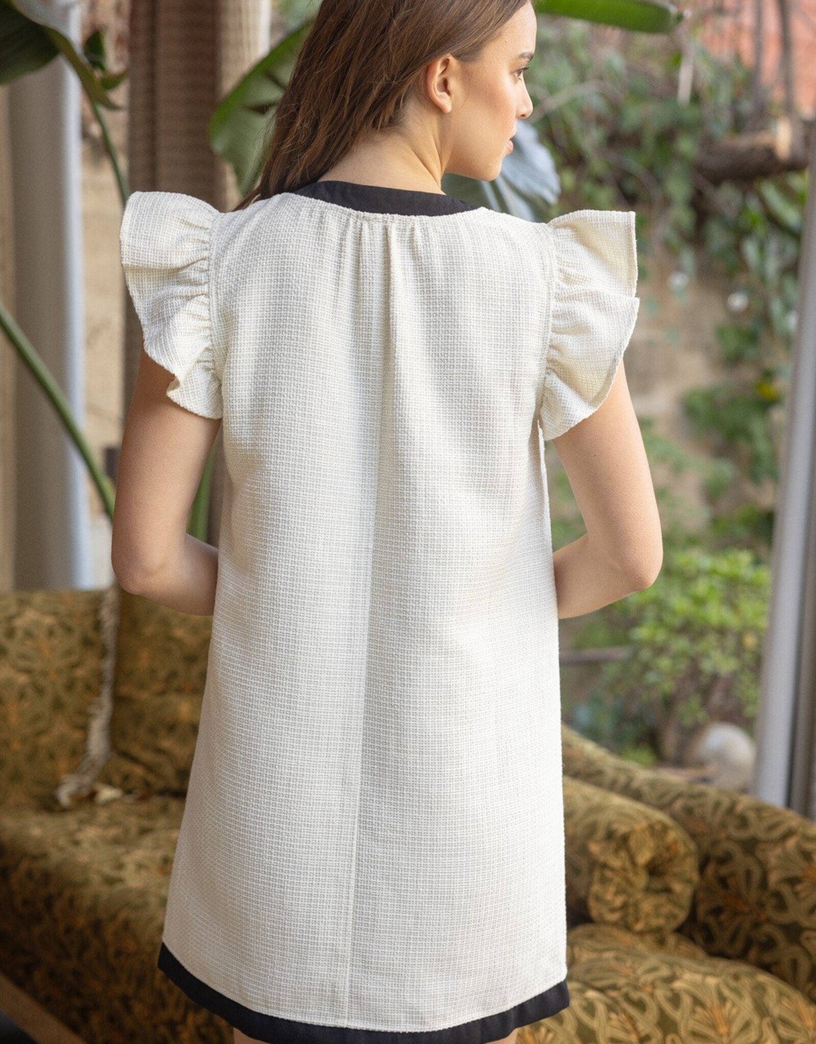 VOY Cream Tweed Mini Dress w/ Ribbon Detail