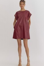 Faux Leather Mini Dress w/Pearl and Rhinestone Detail