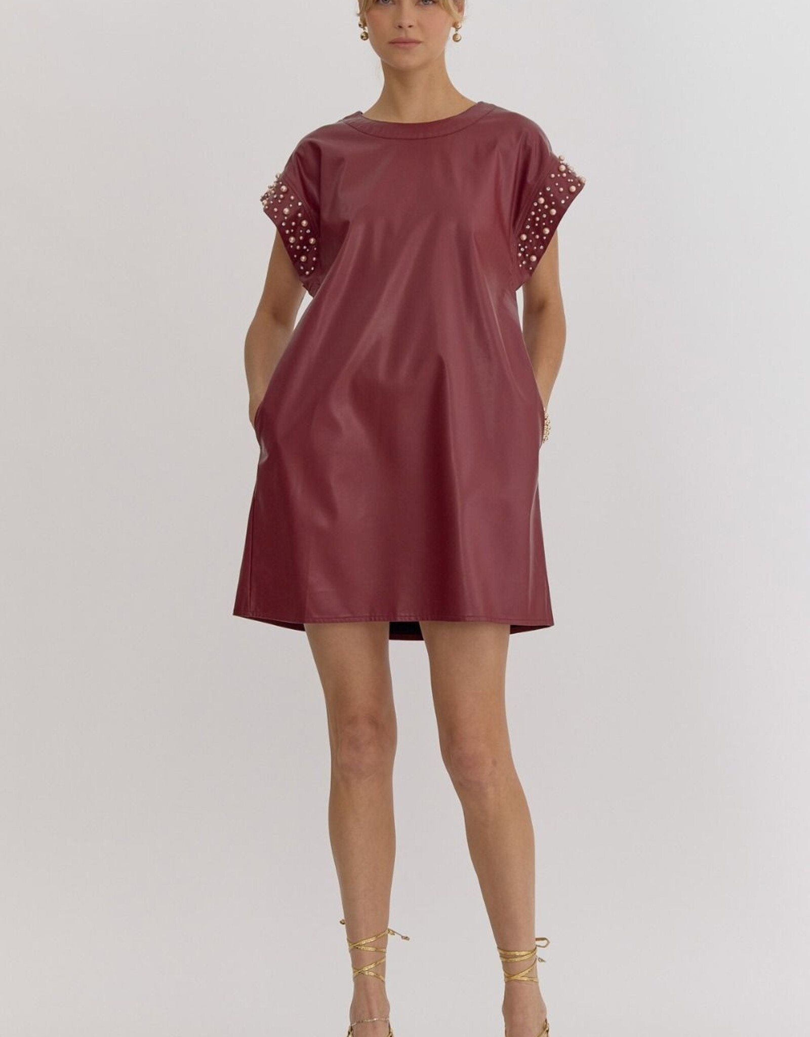 Faux Leather Mini Dress w/Pearl and Rhinestone Detail