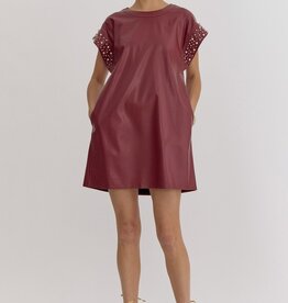 Faux Leather Mini Dress w/Pearl and Rhinestone Detail