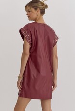 Faux Leather Mini Dress w/Pearl and Rhinestone Detail