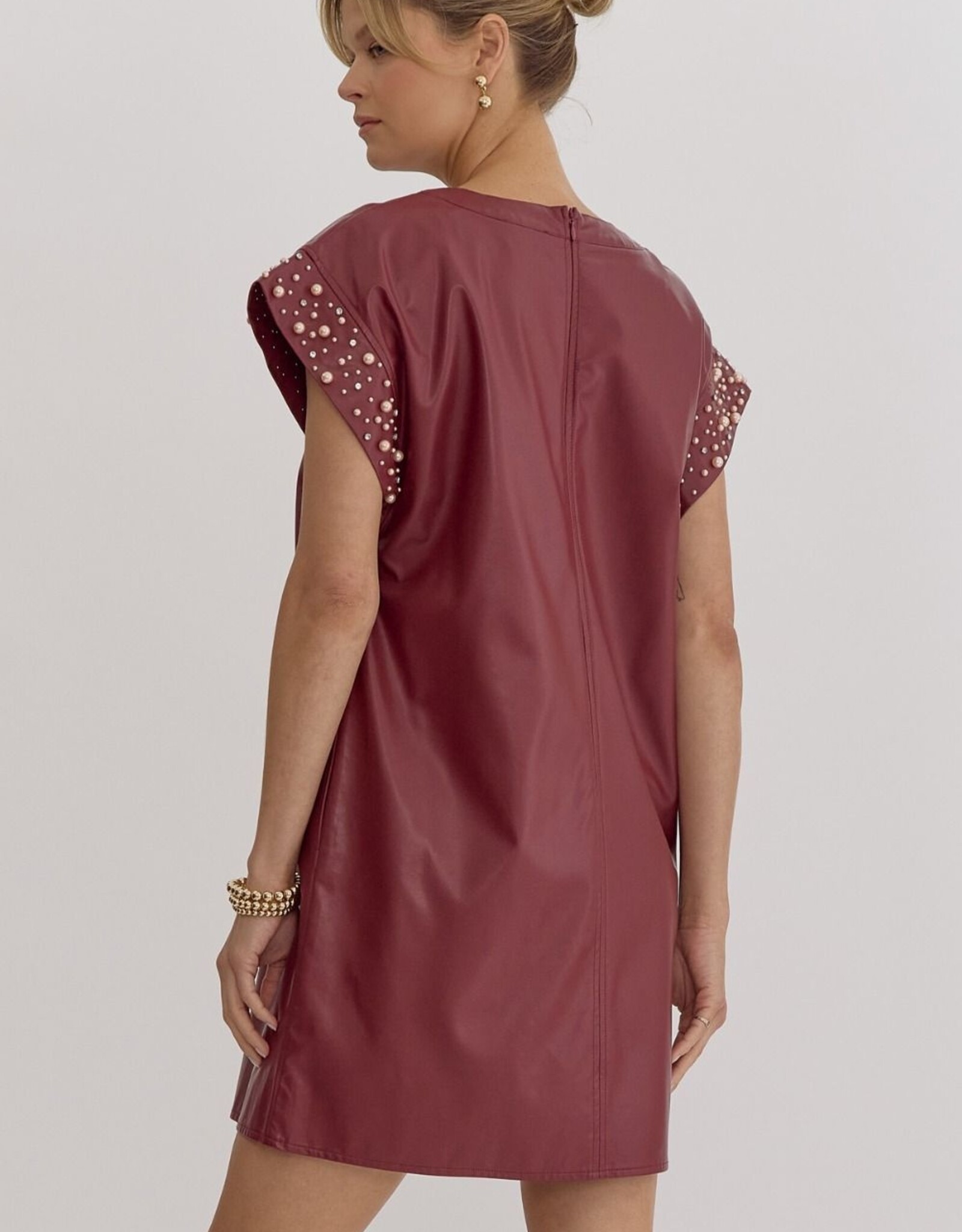Faux Leather Mini Dress w/Pearl and Rhinestone Detail