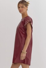 Faux Leather Mini Dress w/Pearl and Rhinestone Detail