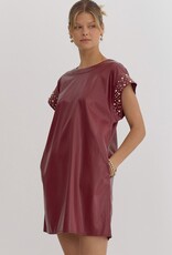 Faux Leather Mini Dress w/Pearl and Rhinestone Detail